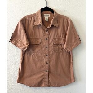 St John's Bay Mens Button Up Shirt Size M Utility Short Sleeve Khaki Safari